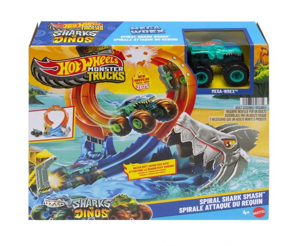 Hot Wheels Monster Trucks: Set de joacă Spiral Shark Smash cu mașinuță Mega-Wrex – Mattel