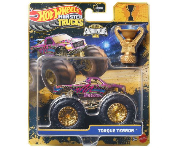 Hot Wheels Monster Trucks: Torque Terror mașinuță de campion cu trofeu 1/64 – Mattel