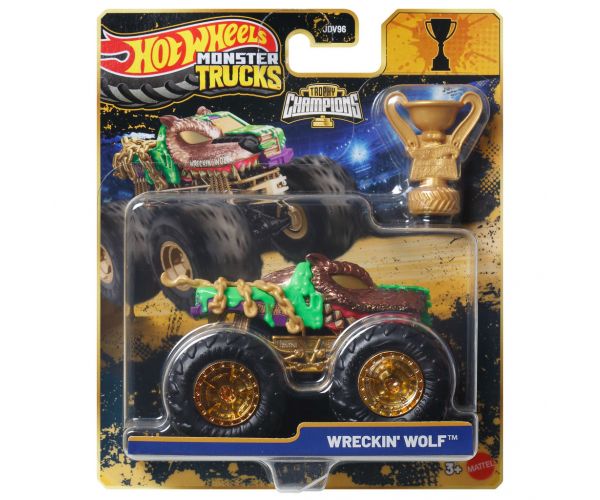 Hot Wheels Monster Trucks: Wreckin Wolf mașinuță Monster de campion cu cupă 1/64 - Mattel