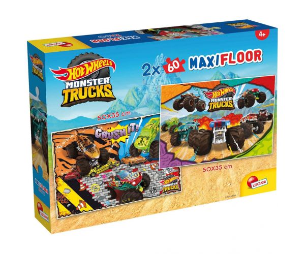 Hot Wheels Monster trucks 2 x puzzle maxi de podea cu 60 de piese, 50x35cm - Lisciani