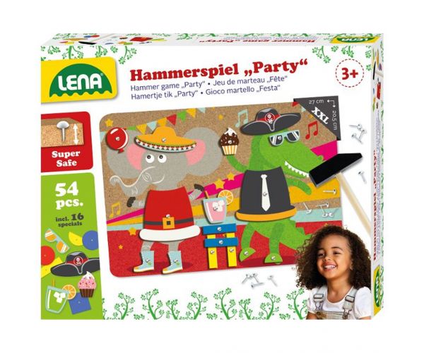 LENA: Set de joacă cu ciocănel și placă din plută, 54 de piese - Petrecere