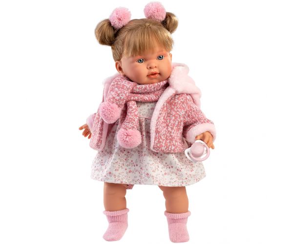Llorens: Alexandra, păpușă de 42 cm care plânge, cu suzetă, îmbrăcată într-un palton roz.