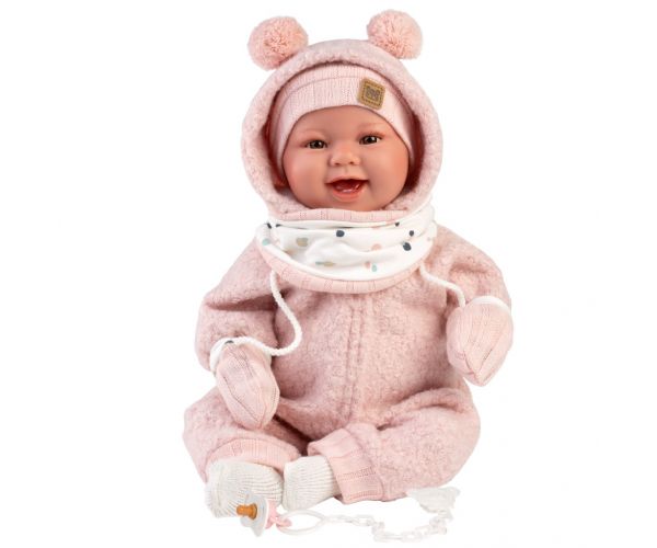 Llorens: Păpușă nou-născută Tala Sonrisas de 44 cm cu sunete, în salopetă roz.