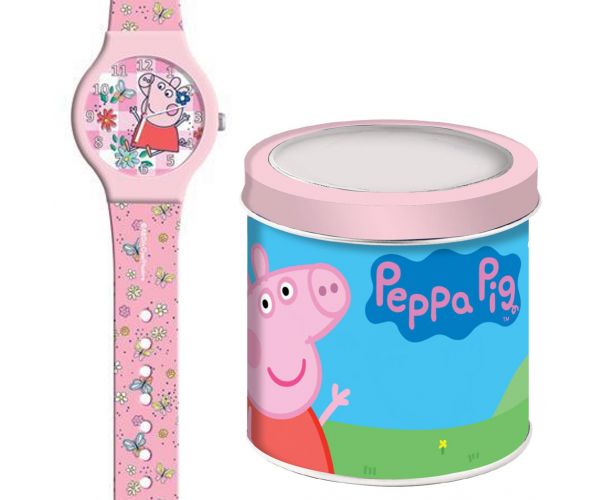 Luna: Ceas analog roz cu Peppa Pig, în cutie metalică cadou
