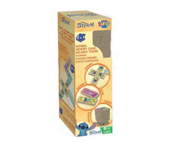 Luna: Disney Stitch 3-în-1 joc de societate - Jenga, Domino și Joc de Memorie