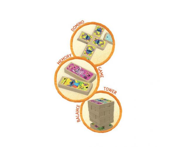 Luna: Disney Stitch 3-în-1 joc de societate - Jenga, Domino și Joc de Memorie