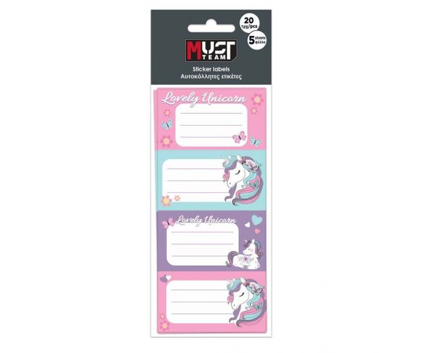 Luna: Etichete pentru caiete cu model Must Team Unicorni, set de 20 bucăți