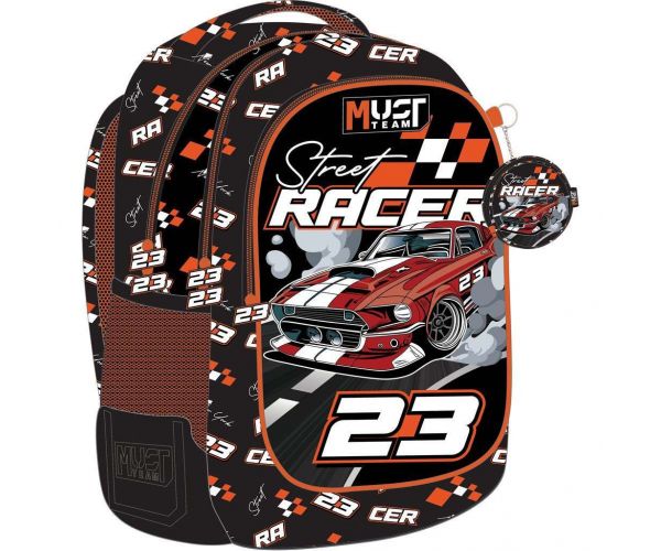 Luna: Must Team Street Racer autós lekerekített 3 rekeszes iskolatáska, hátizsák 32x18x43cm