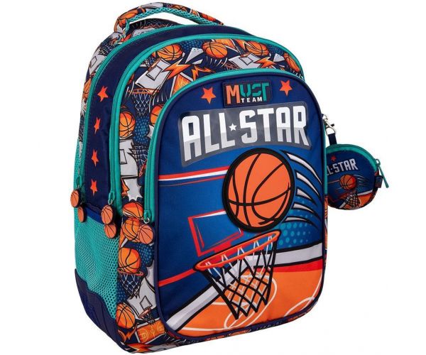 Luna: Ghiozdan școlar rotunjit cu 3 compartimente Must Team baschet, rucsac 32x18x43cm