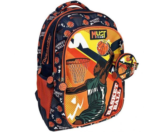 Luna: Rucsac școlar Must Team, model baschet, portocaliu-albastru, cu 3 compartimente rotunjite, 32x18x43 cm