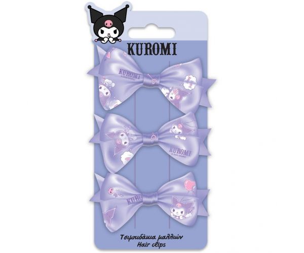 Luna: Set de 3 agrafe de păr Kuromi cu fundiță