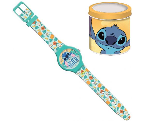 Luna: ceas analog cu imprimeu Disney Stitch, în cutie metalică de cadou