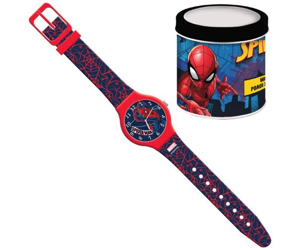 Luna: ceas analog de mână cu imprimeu Spider-Man într-o cutie metalică de cadou