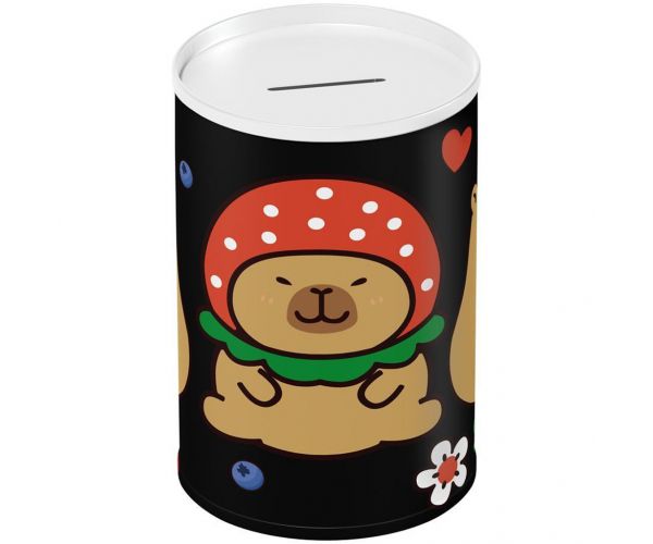 Luna: pușculiță metalică cilindrică cu imprimeu capybara 10x15 cm