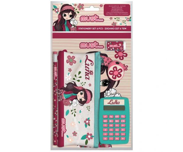 Luna: 6 bucăți girly set de papetărie cu penar, calculator și articole de papetărie