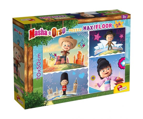 Mașa și ursul Mașa explorează lumea Puzzle maxi de podea cu 24 de piese 70x50cm - Lisciani