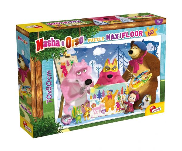 Masha și ursul pictând cu prietenii, puzzle maxi de podea cu 60 de piese, 70x50cm - Lisciani
