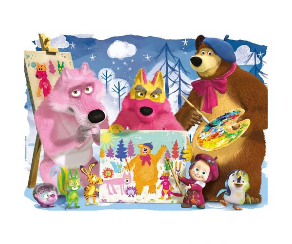 Masha și ursul pictând cu prietenii, puzzle maxi de podea cu 60 de piese, 70x50cm - Lisciani