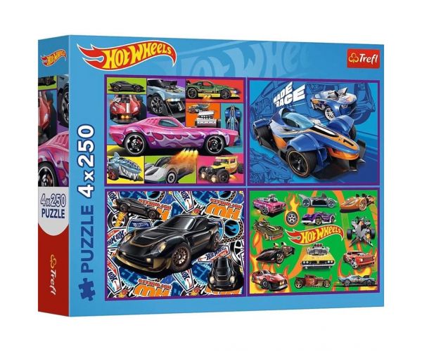 Mașini de curse Hot Wheels - set de 4 puzzle a câte 250 piese - Trefl