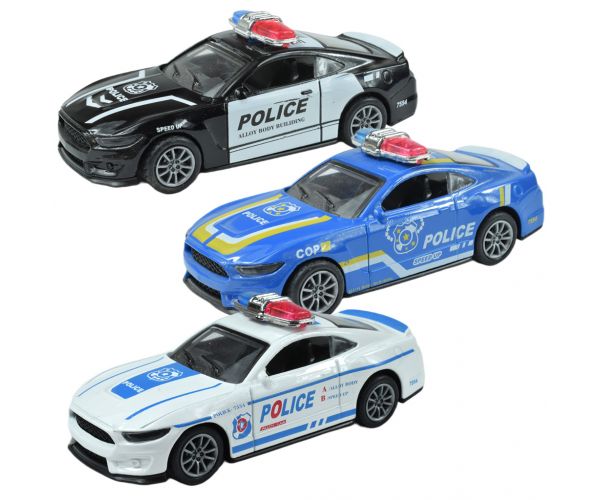 Masini de politie: Masina de politie din metal cu roti libere, disponibila in mai multe variante, 11cm 1buc.