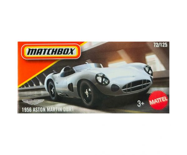 Matchbox: mașinuță Aston Martin DBR1 din 1956, gri, în cutie de carton, scara 1/64 – Mattel