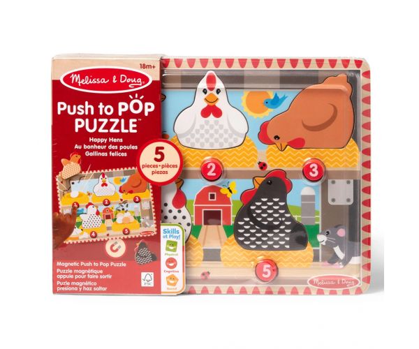 Melissa & Doug Push to Pop Puzzle – Puzzle educativ din lemn „Găini fericite” - Spin Master