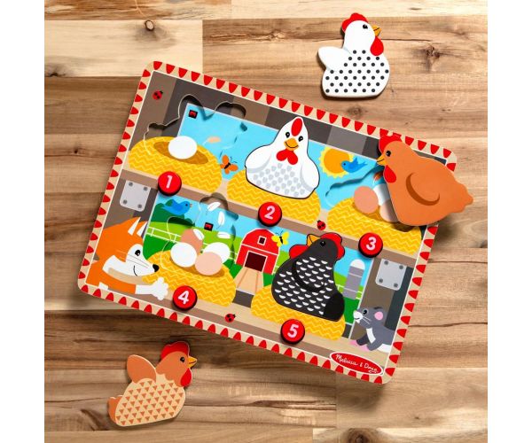 Melissa & Doug Push to Pop Puzzle – Puzzle educativ din lemn „Găini fericite” - Spin Master