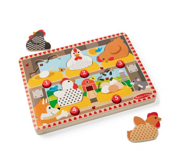 Melissa & Doug Push to Pop Puzzle – Puzzle educativ din lemn „Găini fericite” - Spin Master
