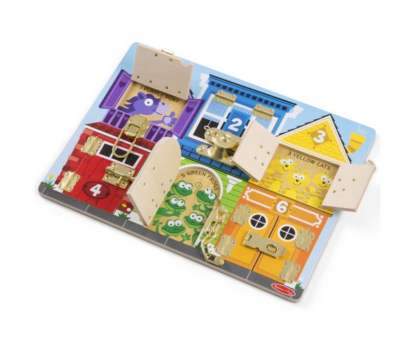 Melissa & Doug: Tablă din lemn cu încuietori și zăvoare pentru dezvoltarea abilităților - Spin Master