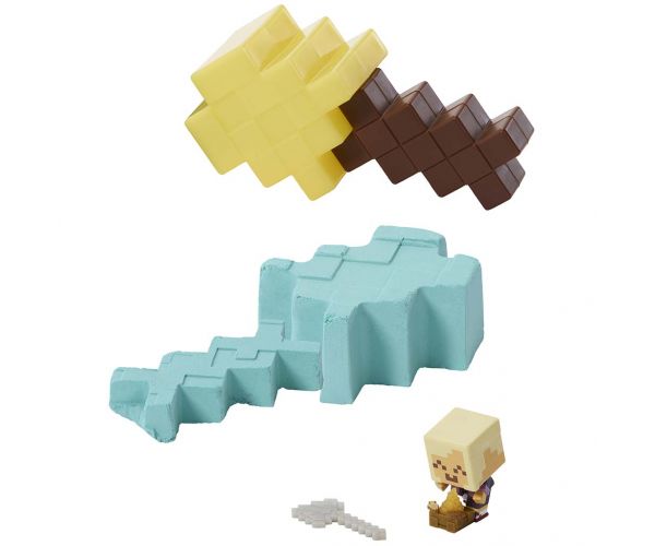 Minecraft: Figurina minifig cu păr blond auriu și sabie galbenă în formă de container - Mattel
