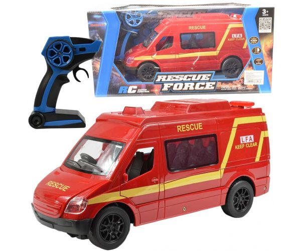 RC Távirányítós piros tűzoltó kisbusz fényeffektekkel 2,4GHz 1/12-es méretarány 30cm