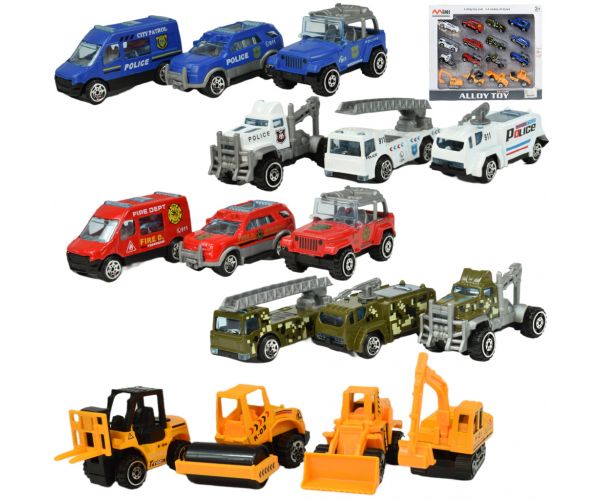 Model de mașină: Serviciu public 16 bucăți salvare, pompieri, militari și set de vehicule de muncă.