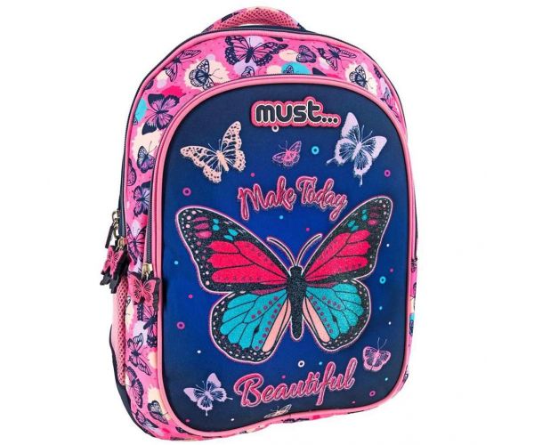 Must: Pillangó mintás háromrekeszes iskolatáska, hátizsák 32x18x43cm