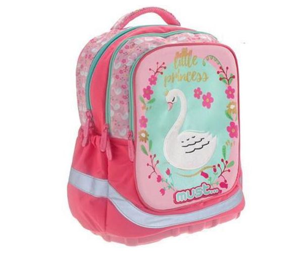 Must: Geantă școală ergonomică lebădă roz, cu trei compartimente, rucsac 30x16x42cm