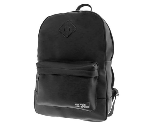 Must: Geanta scoala neagra rotunjita cu efect piele, rucsac 30x13x41cm