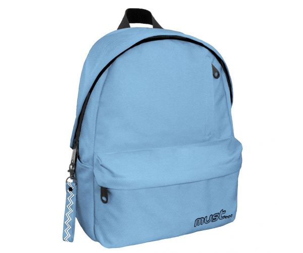 Must: Lekerekített világoskék négyrekeszes iskolatáska, hátizsák 32x17x42cm