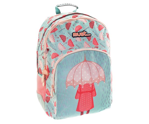 Must: Esernyős három rekeszes iskolatáska, hátizsák 33x16x45cm