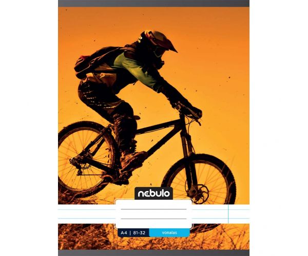 Nebulo: Caiet cu linii, format A4, 81-32, cu copertă cu model bicicletă, capsat