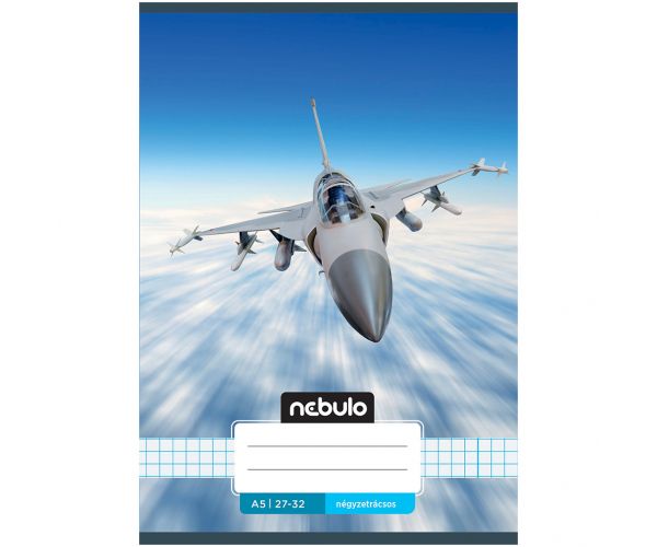 Nebulo: Caiet cu model cu avion de vânătoare capsat, pătrățele, 27-32, format A5