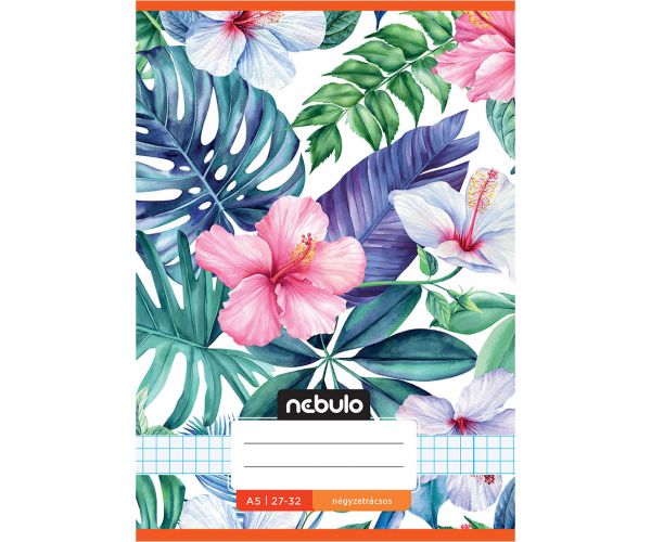 Nebulo: Caiet cu pătrate, format A/5, 27-32 file, cu copertă imprimată cu model de flori tropicale și carouri.