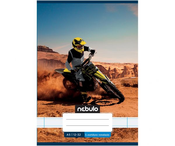 Nebulo: Caiet dictando A5, 32 de file, tip 12-32, cu model de motociclist de cross clasa a 3-a în deșert, capsat