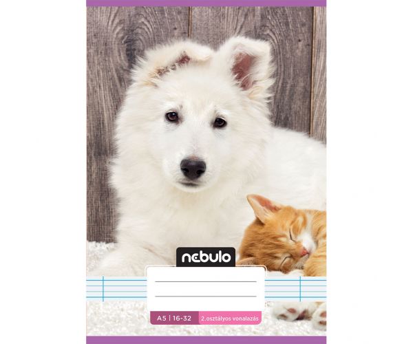Nebulo: Caiet tip 2 cu linii, format A5, 16-32 pagini, cu capse - Model drăguț - Animale de companie prietenoase