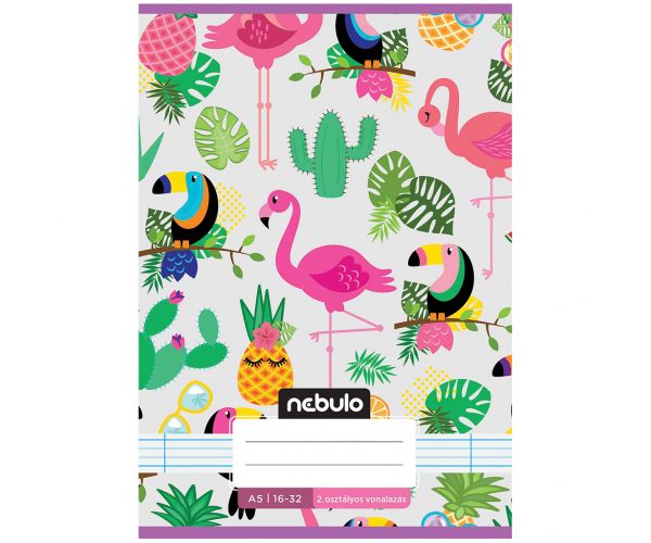 Nebulo: Caiet tip dictando, format A5, cu linii, pentru clasa a 2-a, cu model de tucan, 16-32 file, capsat