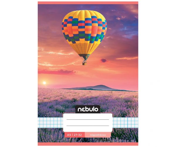 Nebulo: Carnet cu pătrățele A/5, 27-32 file, cu balon cu aer cald imprimat deasupra lanurilor de lavandă