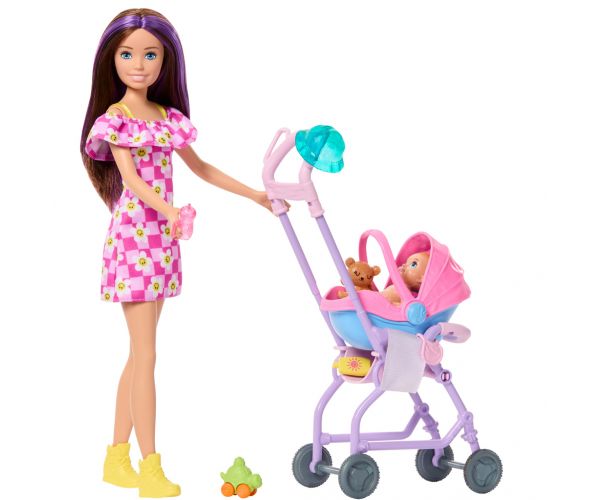 Păpușa Barbie cu rochie cu flori, set de joacă bone pentru copii - Mattel