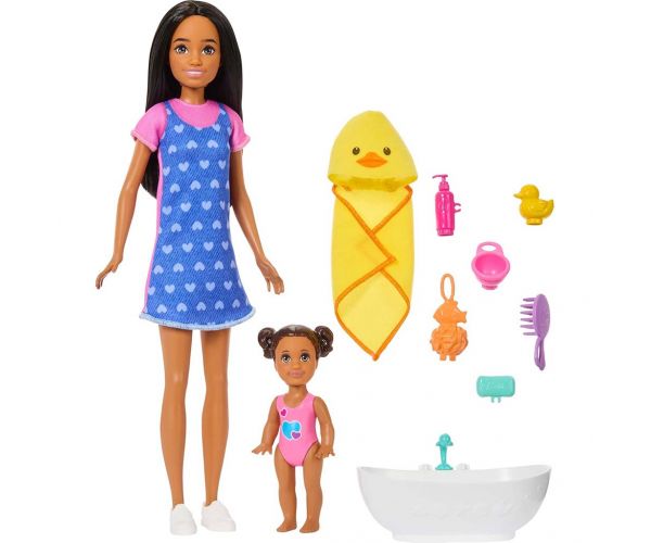 Păpușa Barbie în rochiță cu inimioare, set de joacă babysitter – Mattel
