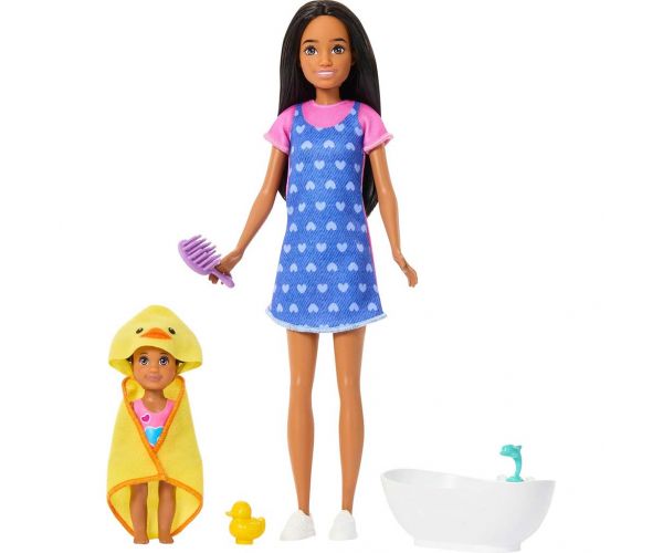 Păpușa Barbie în rochiță cu inimioare, set de joacă babysitter – Mattel