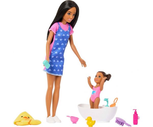 Păpușa Barbie în rochiță cu inimioare, set de joacă babysitter – Mattel