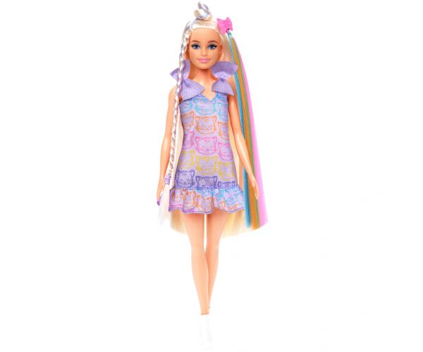 Păpușa Barbie în ținută cu pisică, set de joacă cu șuvițe la modă - Mattel