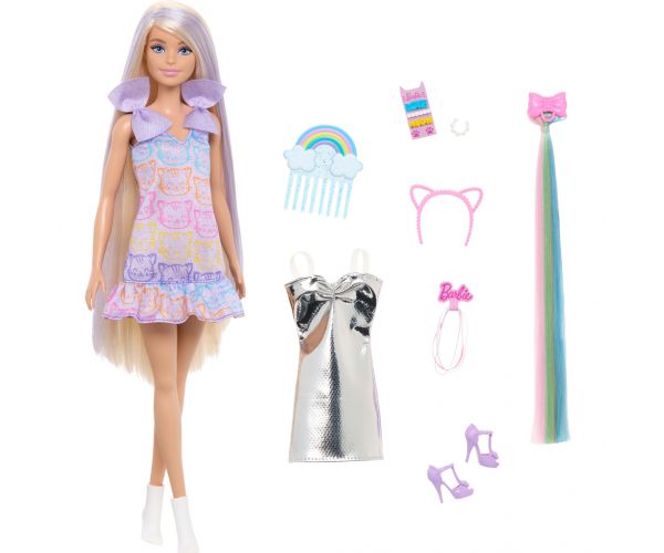 Păpușa Barbie în ținută cu pisică, set de joacă cu șuvițe la modă - Mattel